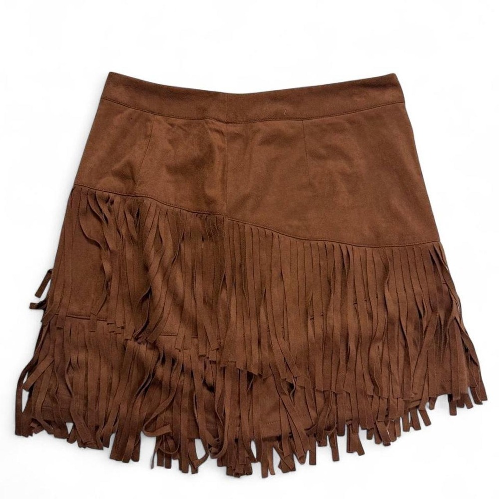 Western Brown Faux Suede Fringe Mini Skirt Tiered Asymmetrical Tassel